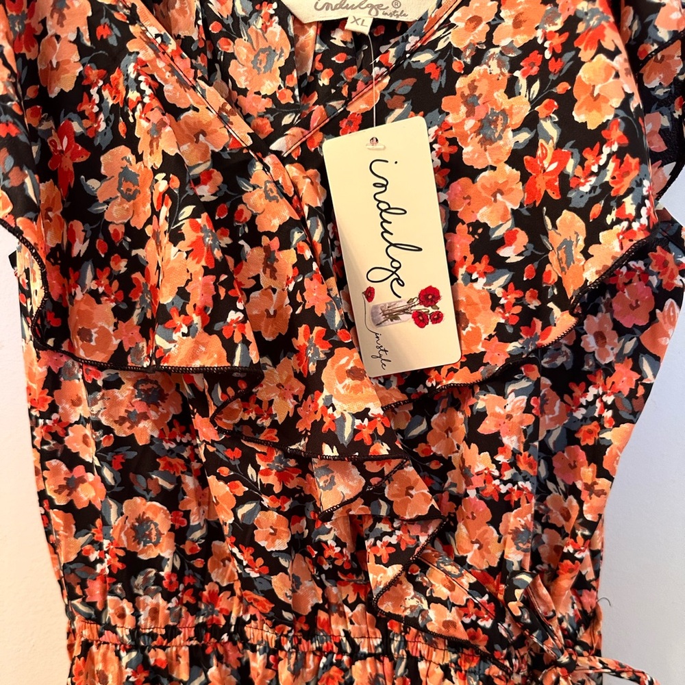 NWT Indulge Off-the-Shoulder, Floral, Faux Wrap, Hi-Lo, Ruffle Dress. Size XL